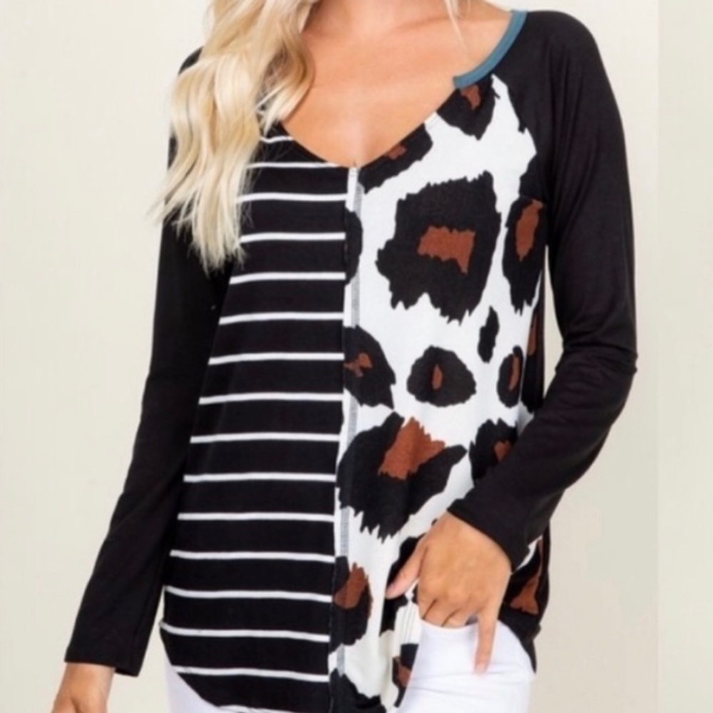 Black Leopard Print Stripe V-neck Contrast Soft Knit Top new